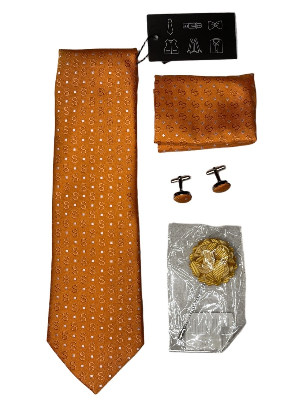 Barry Wang Orange Tie Set with Pocket Square, Cufflinks & Lapel Flower